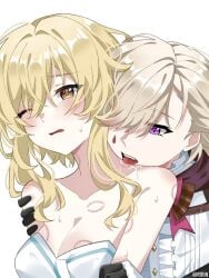1boy bare_shoulders bite_mark black_gloves blonde_hair blush breasts cleavage female furrowed_brow genshin_impact gloves hair_over_one_eye hand_on_another's_shoulder licking lumine_(genshin_impact) lyney_(genshin_impact) male medium_breasts one_eye_closed open_mouth purple_eyes ririn_255 saliva short_hair_with_long_locks simple_background straight teeth twitter_username upper_body upper_teeth white_background