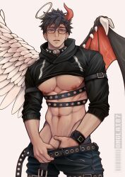 abs angel_wings bara_tiddies bara_tits belt black_clothing blush clothed clothed_male commission dark_clothing demon_horns demon_wings devil_horns devil_wings glasses half_angel half_demon halo hand_in_pants hoodie in_heat male male_nipples male_only muscular_male oc onglai87 pulling_down_pants solo spiked_collar sweatdrop underpec v-line veins white_background