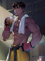 1boy abs ai_generated black_body black_hair black_male capcom male male_only mirror pixai red_gloves sean_matsuda shirtless street_fighter street_fighter_6 street_fighter_iii street_fighter_iii:_3rd_strike street_fighter_iii_(series) yellow_pants