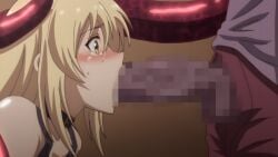 1boy 1girls big_penis blonde_hair blush captured censored censored_penis clothed clothing collar female forced forced_oral hentai huge_cock large_penis male mion_minami mosaic_censoring oral oral_penetration oral_sex penis penis_in_mouth rakuen_shinshoku_island_of_the_dead screencap tears tentacle white_skin yellow_eyes