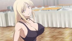 1girls anime_screencap blonde_hair breasts collar eyebrows female female_focus female_only fit_female grin hentai large_breasts long_hair looking_at_viewer ova rakuen_shinshoku_island_of_the_dead screencap white_skin yellow_eyes