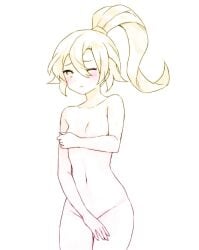 1girls aoi_(dragalia_lost) blonde_hair completely_naked completely_naked_female completely_nude completely_nude_female covering_breasts covering_crotch cygames dragalia_lost embarrassed embarrassed_nude_female enf female female_only fruitfroze nintendo nude nude_female ponytail sketch small_breasts