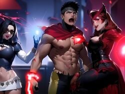 1boy 2girls ai_generated ai_penis femdom kicking_balls male_victim marvel marvel_comics muscular_male scarlet_witch shirtless_male submissive_male wanda_maximoff