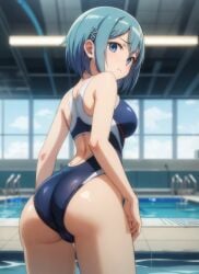 ai_generated annoyed annoyed_expression ass ass_focus back_view blue_eyes blue_hair butt_focus cameltoe cute magical_girl mahou_shoujo_madoka_magica miki_sayaka petite petite_body petite_female pool puella_magi_madoka_magica school_swimsuit schoolgirl short_hair slim_girl slim_waist swimsuit thighs