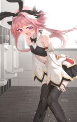 1boy :3 @_@ absurd_res animal_ears armor astolfo_(fate) astolfo_(saber)_(fate) bare_shoulders bathroom black_bow black_skirt black_thighhighs blush bow bowtie crop_top detached_sleeves fake_animal_ears fate/grand_order fate_(series) faulds femboy hair_bow hair_intakes hi_res indoors looking_at_viewer multicolored_hair navel nose_blush open_mouth panties panty_pull peeing peeing_self pink_eyes pink_hair pleated_skirt rabbit_ears rune_(pixiv_25170019) short_hair skirt solo streaked_hair tears thighhighs twintails two_tone_hair underwear urinal urine wetting wetting_clothing white_hair white_panties wide_sleeves window