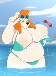 adingo11 anthro arthropod beach bear big_breasts bikini breasts clothing crab crustacean decapoda eyewear female hair hi_res malacostracan mammal marine nude orange_hair polar_bear public public_nudity seaside slightly_chubby solo sunglasses surprise_face swimwear ursine water