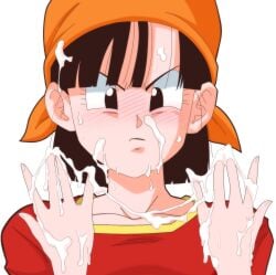 after_handjob angry_expression angry_face bandana black_hair black_nose blush clothed cum cum_on_body cum_on_face cum_on_hair cum_on_hands dragon_ball dragon_ball_gt embarrassed embarrassed_female female female_focus female_only pan_(dragon_ball) short_hair xeno_doujin