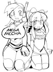 2girls capcom cave_story crossover curly_brace english_text humanoid mega_man mega_man(classic) monochrome robot robot_girl robot_humanoid roll text text_on_clothing wamudraws