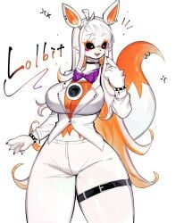 1girls anthro belly belt big_breasts blush bowtie breasts cheeks clothed clothing ear eyebrows eyebrows_visible_through_hair eyelashes eyes fangs female female_only five_nights_at_freddy's five_nights_at_freddy's:_sister_location fnaf hair human humanization humanized humanized_animatronic lolbit_(fnaf) mouth nose open_mouth rule_63 scottgames spiked_collar spikes tail teeth text thick_thighs toge77789 togetoge tongue url