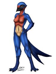 2015 3:4 5_fingers anthro avian avian_feet barn_swallow beak bird black_beak breasts feathers female fingers genitals hirundinid leetah43 multicolored_body navel nipples non-mammal_nipples oscine passerine pink_nipples pussy simple_background small_breasts solo standing swallow_(bird) tail_feathers talons white_background