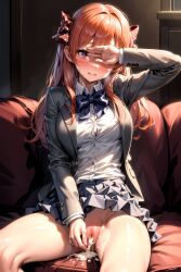 1girls after_sex after_vaginal ai_generated blazer blush covering_eyes cum cum_in_pussy female female_only gekkan_shoujo_nozaki-kun hairbow long_hair no_panties orange_hair purple_eyes sakura_chiyo school_uniform skirt stable_diffusion upskirt