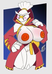 absurd_res anthro areola big_breasts blush breasts clothed clothing digital_media_(artwork) female generation_7_pokemon genitals hi_res huge_breasts kartana nintendo nipples pokemon pokemon_(species) shieradevil simple_background solo solo_focus thick_thighs ultra_beast white_body