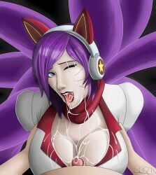 1boy 1girls 2016 9_tails ahri anmatiel arcade_ahri arcade_series blue_eyes clothed clothed_sex clothing cum cum_on_breasts cum_on_clothes cum_on_face fox_ears gamer_girl headset kitsune league_of_legends league_of_legends:_wild_rift light-skinned_female light-skinned_male light_skin looking_at_viewer male male/female male_pov nine_tailed_fox one_eye_closed paizuri pale-skinned_female pale-skinned_male pale_skin purple_hair riot_games tagme tongue tongue_out vastaya watermark winking_at_viewer