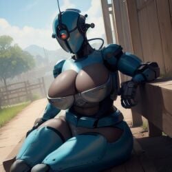 ada_(fallout) ai_generated assaultron bethesda_softworks breasts fallout fallout_4 female gynoid huge_breasts outdoors robot robot_girl robot_humanoid sitting stable_diffusion