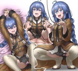 1boy 1girls ahe_gao ahegao ahoge begging_pose black_skirt blue_eyes blue_hair blue_hair_female boots braid braided_hair braided_twintails brown_robe collar conte_ryuu covered_penetration cowgirl_position drooling female femsub happy happy_female happy_sex happy_sub implied_sex interlocked_fingers kneehigh_boots leash leash_and_collar light-skinned_female light-skinned_male light_skin long_hair maledom muscular_male mushoku_tensei on_toes panties petplay pink_panties pleated_skirt pussy_juice robe roxy_migurdia rudeus_greyrat skirt solo_focus straddling straight submissive_female thigh_boots thighhigh_boots tongue tongue_out twin_braids underwear utter_domination