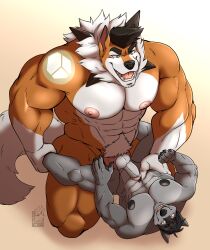 2boys abs absurd_res anal anal_sex anthro balls big_muscles black_hair black_nipples body_hair canid canine canis dominant dominant_male duo dusk_lycanroc gay gay_sex generation_7_pokemon genitals grey_body hair happy_trail hi_res huge_muscles humanoid_genitalia humanoid_penis lycanroc male male/male mammal multicolored_body muscular nelldemon nintendo nipples open_mouth pecs penetration penis pokemon pokemon_(species) sex size_difference tattoo_on_shoulder white_body wolf yellow_body