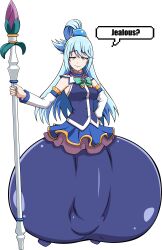 1futa ale-mangekyo aqua_(konosuba) balls big_breasts big_testicles blue_eyes blue_hair bulge bulge_through_clothing cleavage clothed clothing detached_sleeves dialogue english_text flaccid fully_clothed futa_only futanari genitals hair_ornament hand_on_hip huge_bulge huge_testicles human hung_futanari hyper hyper_balls hyper_bulge hyper_genitalia hyper_penis hyper_testicles kono_subarashii_sekai_ni_shukufuku_wo! light-skinned_futanari light_skin long_hair massive_ball skirt solo speech_bubble staff standing testicles text thighhighs