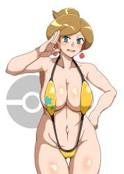 1girls aurea_juniper bare_arms bare_shoulders big_breasts breasts dirty_blonde_hair earrings female female_only game_freak looking_at_viewer mantan navel nintendo pokemon pokemon_bw pokemon_bw2 professor simple_background thick_thighs