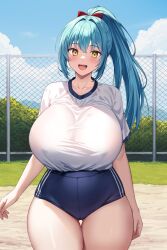 :d blue_hair buruma cowboy_shot gigantic_breasts gigantic_thighs gym_uniform high_ponytail looking_at_viewer original original_character ponytail smile thick_thighs wide_hips yellow_eyes