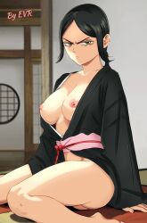 angry angry_face black_clover black_eyes black_hair breasts breasts_out excalibur_overdrive kimono kimono_only kimono_open kimono_removed medium_breasts nipples nude nude_female presenting yami_ichika