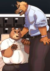 2023 anthro arufina_w bear black_nose blush bottomwear brown_body canid canine canis clothing domestic_dog duo erection genitals hi_res humanoid_hands kemono male male/male mammal overweight overweight_male pants penis shirt sitting topwear