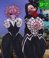 2girls big_breasts black_hair cosplay costume eyebrows face_mask female female_only large_breasts light-skinned_female light_skin looking_at_viewer marvel marvel_comics masturbating mina_ashido momo_yaoyorozu my_hero_academia pink_body pink_hair pink_skin ponytail shosho_oekaki silk_(cosplay) spider-gwen_(cosplay) thick_thighs thighs tight_clothing wide_hips yellow_eyes