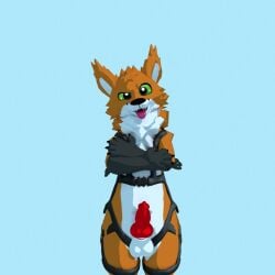 1:1 3d_(artwork) animal_genitalia animal_penis anthro blue_background canid canine canine_genitalia canine_penis crossed_arms digital_media_(artwork) fox genitals harness hybrid male mammal penis randomfur1 simple_background solo taidum tongue tongue_out