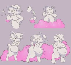 absurd_res anthro banono banono_(character) bodily_fluids bovid breast_expansion breasts caprine clothing curled_hair expansion female hair hat headgear headwear hi_res inflation magic_inflation mammal monochrome potion sequence sheep simple_background smoke solo sweat sweatdrop witch_hat