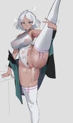 after_sex after_vaginal arm_around_leg arm_support asticassia_school_uniform breasts clothing_aside condom covered_nipples cum cum_on_hair cumdrip dark-skinned_female dark_skin expressionless facial feet_out_of_frame female godekasu gundam gundam_suisei_no_majo halter_leotard halterneck hand_up highres large_breasts leotard leotard_aside looking_at_viewer off_shoulder pussy school_uniform secelia_dote short_hair skindentation solo standing standing_on_one_leg stray_pubic_hair sweat thighhighs thighs used_condom v white_leotard white_thighhighs