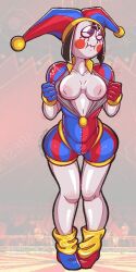 2023 2d 2d_(artwork) 2d_artwork artist_request breasts brown_hair embarrassed female glitch_productions gloves gooseworx jester jester_costume jester_hat jester_outfit looking_to_the_side medium_breasts pomni pomni_(the_amazing_digital_circus) revealing_breasts short_hair tagme the_amazing_digital_circus