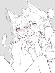 2girls animal_ears blush breast_grab breasts fox_ears fox_girl honkai:_star_rail honkai_(series) multiple_girls nipple_play nipples rx_447 tingyun_(honkai:_star_rail) trembling yukong_(honkai:_star_rail) yuri