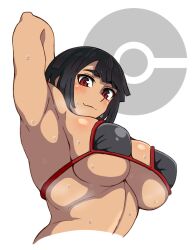 1girls armpits arms_up big_breasts black_hair black_pupils breasts eyebrows_visible_through_hair female female_only game_freak looking_at_viewer mantan nintendo pokemon pokemon_oras pokemon_rse red_hair simple_background thick_eyebrows zinnia_(pokemon)