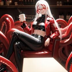 ai_generated breakfast cafe cheers coffee eldritch_horror glasses latex latex_stockings leather_jacket midriff monster_girl nemus_waifu_generator original_character red_eyes red_leather shapeshifter smiling_at_viewer tentacle white_hair