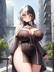 ai_generated blush embarrassed gigantic_breasts hololive hololive_english hololive_english_-advent- huge_thighs nipples_visible_through_clothing public_indecency see-through_clothing shiori_novella silk_dress slender_waist stable_diffusion thick_thighs virtual_youtuber wide_hips