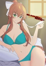 bra brown_hair doki_doki_literature_club green_bra green_eyes green_panties helderrocket_(artist) lingerie long_hair lounging monika_(doki_doki_literature_club) on_bed panties ponytail showing_off white_bow