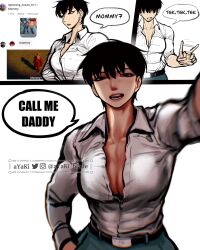 1girls ayaki777 belt black_hair blouse cleavage daddy_kink dialogue dress_shirt female female_focus funny jeans large_breasts looking_at_viewer mommy_kink muscular muscular_female original original_character solo tagme talking_to_viewer tomboy tomoka_(ayaki)