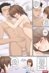 1girls after_sex blue_eyes blush brown_hair comic comic_panel cum end_page kissing lying_on_bed multiple_views naked naked_female riding_penis rudy_saki