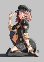 1girls ass ass_focus automatic_giraffe big_ass boots brown_hair dorothea_arnault earrings female female_only fire_emblem fire_emblem:_three_houses garreg_mach_monastery_uniform green_eyes grey_background half-closed_eyes hat high_heels long_hair looking_at_viewer nintendo one_knee short_sleeves skirt smile smug solo thigh_boots