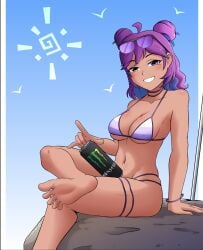 1girls belly_button big_breasts bikini bikini_bottom bikini_top breasts can choker clothed dark-skinned_female fanart feet female female_focus heterochromia hispanic_virtual_youtuber indie_virtual_youtuber konanexe long_hair looking_at_viewer monster_energy navel nipple_bulge pose purple_eyes purple_hair sitting smug string string_bikini striped_bikini suggestive summer sunglasses_on_head thick_thighs thighs twin_buns twitch two_tone_hair virtual_youtuber vtuber yellow_eyes yokomara_yuziko