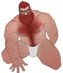 2023 absurd_res absurdres bara barazoku beard biceps body_hair chest_hair clothed clothing deltoids ear_piercing ear_ring earring eyewear facial_hair flexor_carpi glasses grey_eyes hairy_arms hairy_chest hairy_legs hand_on_ground happy_trail hi_res human kneeling male mammal moustache mr_nellory musclegut muscular muscular_male muscular_thighs navel nipples pecs piercing red_hair ring_piercing simple_background thong thong_only topless underwear underwear_only white_background white_clothing white_thong white_underwear