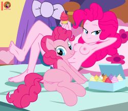 absurd_res animal_genitalia animal_pussy anus blue_eyes duo equestria_girls equine_anus equine_genitalia equine_pussy female female/female feral fluffy fluffy_tail food friendship_is_magic genitals gesture hands_behind_head hasbro hi_res human lidded_eyes looking_at_viewer mammal moon_pearl my_little_pony navel nipples nude pinkie_pie_(mlp) pussy signature succubi_samus suggestive suggestive_gesture tail