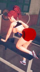 ass fanart fitness flannery_(pokemon) koikatsu muscle_girl muscles pinup pokemon red_hair sportswear tenguyurilove topless_female