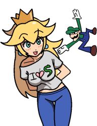 1boy 1girls blonde_hair blue_eyes breasts clavicle crown drawbuster female female_focus happy holding_object leaning_forward long_hair looking_at_viewer luigi male mario_(series) newgrounds nintendo open_mouth pants parody princess_peach shirt simple_background smile standing super_smash_bros. weegee white_background