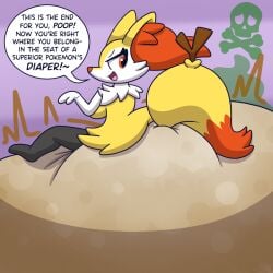 braixen death dialogue dialogue_box diaper diaper_disposal disposal english_text fatal_vore game_freak hyper_scat messing messy_diaper nintendo nyxiette_nyxstar pokémon_(species) pokemon pokemon_(species) post_vore post_vore_scat scat sitting_on_diaper soiling vore