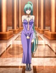 1girls 2010s 2018 2019 2d animated breasts clothing female green_hair hentai hips maken_no_hime_wa_ero_ero_desu medium_breasts pink_eyes pointy_ears poro screencap thighhighs thighs