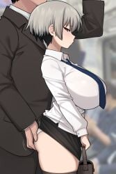 1boy 1girls ass ass_grab breasts chikan female female_focus groping_ass huge_breasts jorin male mature_male molestation older_male public public_indecency sakurai_shinichi skirt_lift standing stealth_ass_grab straight train train_interior uzaki-chan_wa_asobitai! uzaki_hana voluptuous voluptuous_female younger_female