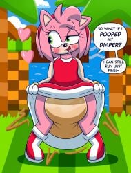 1girls amy_rose anthro blush dialogue dialogue_box diaper english_text green_eyes green_hill_zone messing messy_diaper nyxiette_nyxstar red_dress red_hairband scat sega sonic_(series) sonic_the_hedgehog_(series)