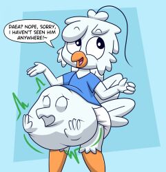 anthro avian blue_shirt dialogue dialogue_box diaper english_text fatal_vore furry nyx_star_(nyxiette_nyxstar) nyxiette_nyxstar pigeon vore