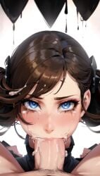 ai_generated balls_deep blue_eyes brown_hair character_request crying cum cum_in_mouth deep_blowjob deepthroat eye_contact female gag gagging hentai mascara oral oral_sex pov ruined_makeup runny_makeup seducedai tears twintails