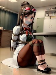 ai_generated arms_tied_behind_back blue_eyes bondage bound_ankles bound_legs brown_hair capcom ema_skye gag gagged gyakuten_saiban looking_at_viewer rope_bondage sunglasses_on_head tape_gag